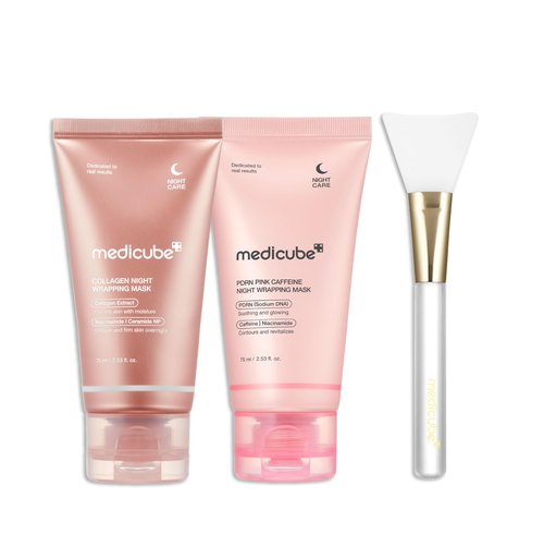 medicube Pink Glow Wrapping Mask Duo: Collagen Overnight Wrapping Peel Off Facial Mask Pack and PDRN Caffeine Overnight Wrapping Peel Off Facial Mask and brush | Holiday Stocking Stuffers