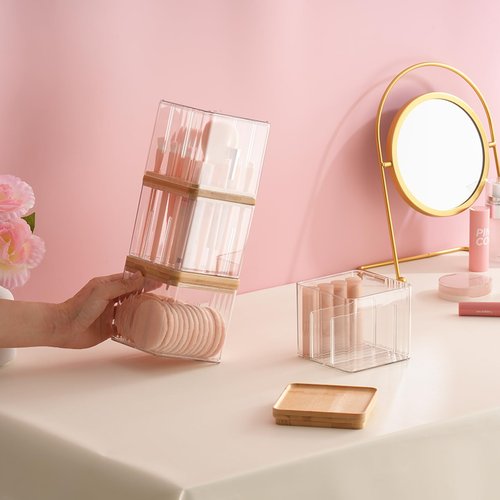 Makeup Brush Holder Comb with Cover Makeup Containers Organizers Set Makeup Holder Box Cosmetic Case With Lid Waterproof Dustproof Beauty Skincare Organizer Bathroom Vanity Countertop,Gift,Clear，3PCS