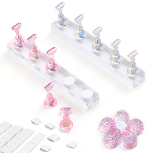 Etercycle Nail Stand Acrylic Nail Art Display Stand Practice Nail Holder for Painting Nails Magnetic Practice Stands with Reusable Putty (Pink Clear)