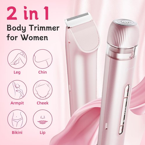 2-in-1 Bikini Trimmer for Women, Dual Head Electric Shaver for Face, Legs & Sensitive Areas, IPX7 Waterproof Wet/Dry Razor, USB-C Rechargeable Lady Grooming Kit