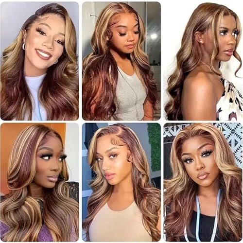 P33/27 Highlight Blonde Bundles Human Hair Body Wave Bundles 14 16 18 Inch 3 Bundle Unprocessed Brazilian Virgin Hair Reddish Brown Body Wave Human Hair Extensions 50 Gram Per Bundle