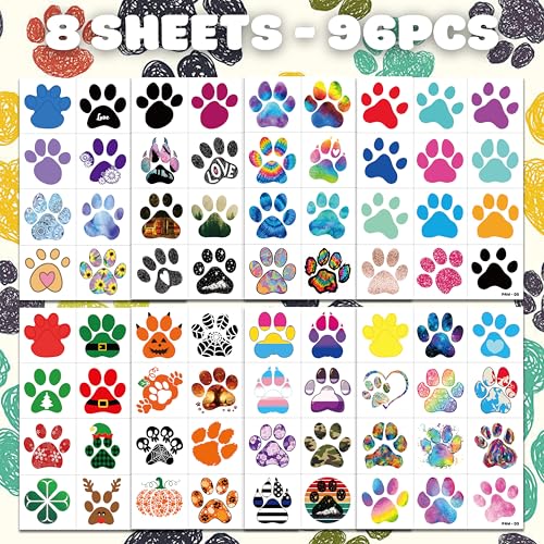 96PCS Dog Cat Paw Print Pre-Cut Temporary Tattoos for Kids Themed Birthday Party Decorations Supplies Decor Favors Super Cute Animal Tattoo Stickers Gifts for Games Boys Girls Rewards