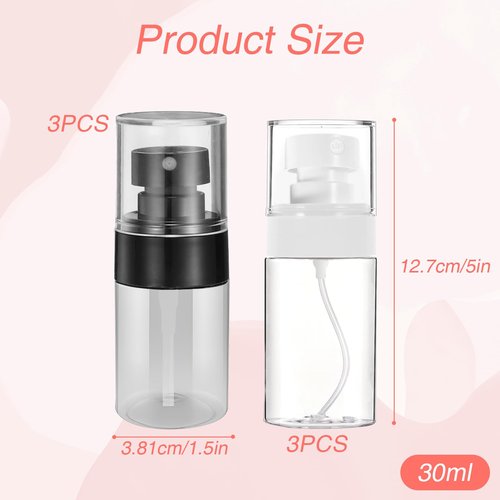 QIYUDA 6 Pack 1oz Mini Spray Bottle, 30ML Plastic Empty Refillable Fine Mist Travel Toners Perfume Face Small Spray Bottles (3Pcs Black + 3Pcs White)
