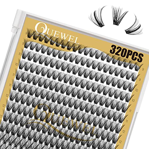 QUEWEL Lash Clusters 320Pcs Cluster Lashes 40D D Curl Lash Cluster Eyelash Extensions Mix9-16mm Individual Eyelashes Clusters Wispy Lash Clusters Thin Band Soft to Use at Home(40D D Mix9-16)
