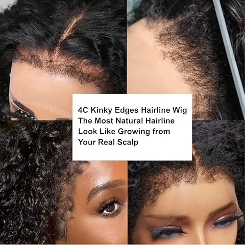 4C Edges Kinky Curly Lace Front Wigs Human Hair 13x4 HD Transparent Lace Frontal Wigs with Curly Edges Baby Hair, Deep Wave Curl Wig Pre-Plucked Hairline 180% Density 20 inch