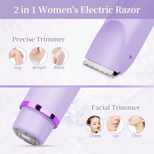 Beffkkip Ladies Electric Razor, 2 in 1 Dual Head Shaver Women, Bikini Trimmer for Women Personal Body Face Leg Arm Hair USB Charge Waterproof Wet and Dry (Purple)
