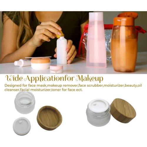 BEECO GIF2U Empty Refillable Frosted Glass Cosmetic Jar 4 Pack Mini 5g/0.17oz with Bamboo Lids,Skin Care Travel Containers Pot Vial Holder Sample Storage for Eye Cream Lotion Ointments Lip Balm