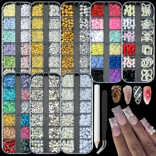 8 Boxes 3D Nail Charms and Gems Bulk Cute Charms for Nails Design kit Bling Crystals Rhinestones Colorful Flower Pearls Star Bows Accessories