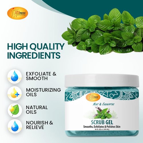 SPA REDI – Exfoliating Scrub Pumice Gel, Mint and Eucalyptus, 16 oz - Manicure, Pedicure and Body Exfoliator Infused with Hyaluronic Acid, Amino Acids, Panthenol and Comfrey Extract