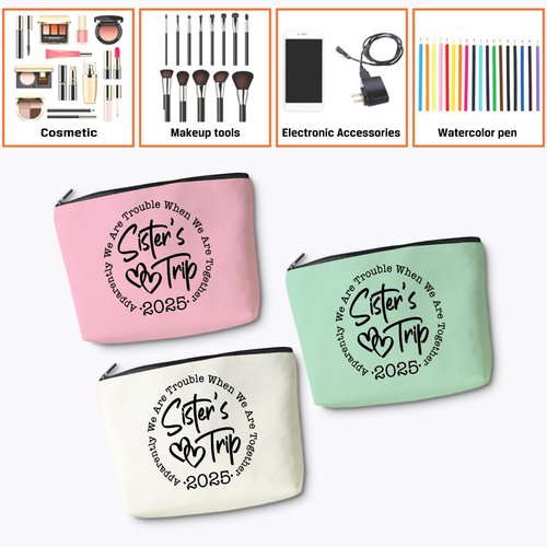 3PC Sisters Trip 2025, Makeup Bag, Cosmetic Bag, Toiletry Bags, Funny Girls Trip Gifts Favors Girls Weekend Sister Gifts Sisters Gifts from Sister Birthday Friendship Gifts for Women Bestie Friend