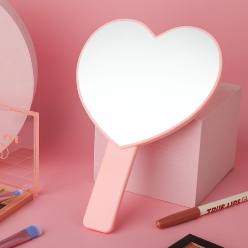 Dimeho Heart-Shaped Travel Handheld Mirror, Heart-Shaped Makeup Hand Mirror with Handle, Portable Cosmetic Mirror for Women (Pink)