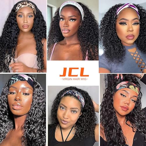 JCL Curly Headband Wig Human Hair 180% Density 18 Inch Wigs Natural Color Human Hair Wigs for Black Women Human Hair Deep Wave None Lace Front Wigs Human Hair