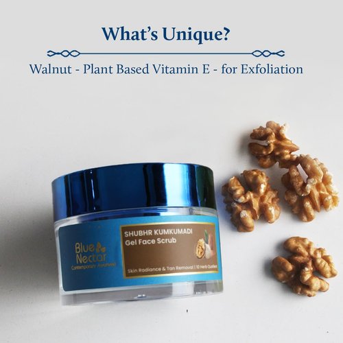 Blue Nectar Kumkumadi Gel Scrub | Non-Drying Face Scrub for Glowing Skin and Tan Removal | Plant Based Vitamin E | with Almond, Turmeric and Walnut, (10 Herbs, 1.76 fl oz)