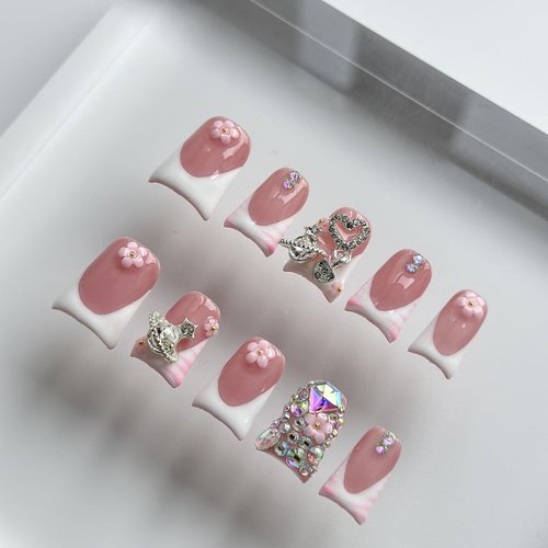 Luxury Press on Nails Short Duck Handmade 3D Unique Reusable ABS Material Fake Nails White French Tip False Nails with Designs Pink Flower Rhinestones Glossy Glue on Nail Thick Acrylic Nail(S)