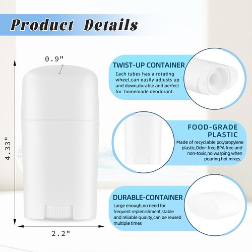 DMuuuDM 15 Pack 1.7 oz/50ml Plastic Deodorant Containers,Empty Round Twist-Up Solid Stick Tube Applicators Container for Deodorant,Shaving Soap Stick,Heel Lip Balm,Solid Lotion Bars-Top Filling,White
