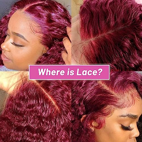 Larhali 99J HD Lace Front Wigs Human Hair Pre Plucked 250% Density Burgundy 13x6 Deep Wave Frontal Wigs Natural Hairline Human Hair Wigs for Black Women(24 Inch)