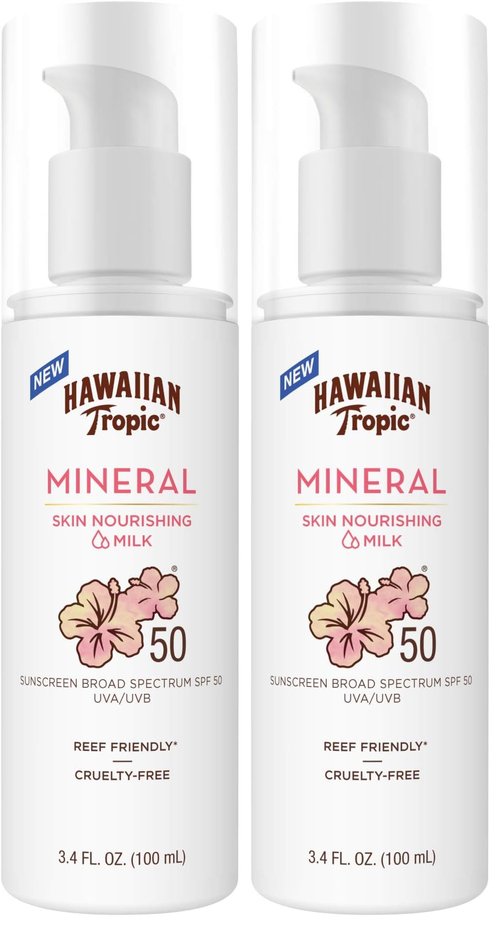 Hawaiian Tropic Skin Nourishing Milk Mineral Sunscreen Lotion SPF 50, 3.4oz | Travel Size Sunscreen Zinc Oxide, Sun Milk, Mineral Sunblock SPF 50, Oxybenzone-Free, 3.4oz (Pack of 2)