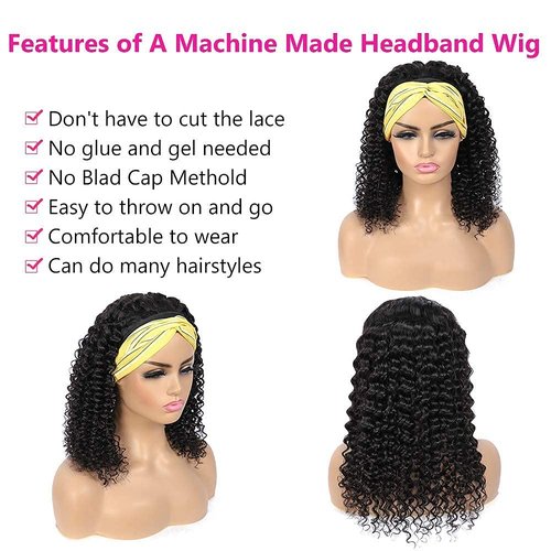 mengkai 12 Inch Headband Wig Human Hair Curly Headband Wigs for Women Brazilian Virgin Curly Human Hair Wigs Glueless Curly Wigs Natural Black