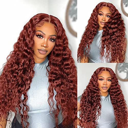 Siyun Show 13x4 Reddish Brown Deep Wave Lace Front Wigs Human Hair Wigs for Black Women Auburn Deep Curly Human Hair Wig 32 Inch