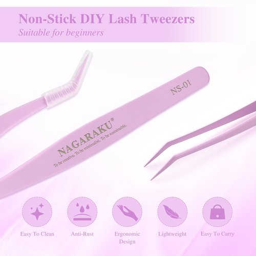 NAGARAKU DIY Cluster Lashes Tweezers, NS-01 Non-stick DIY Tweezers Eyelash Applicator Nano Anti-Stick Coating Precision Pinzas Light Ergonomic for Flawless DIY Lash Extensions Makeup