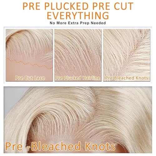 Glueless Full Frontal Platinum Blonde Bob Wig Human Hair Pre Plucked Pre Cut White Blonde Wig Ash Silver Short 13x4 UHD 613 Lace Front Wigs Human Hair for Women Real Hair Daily Party 12Inch 180%