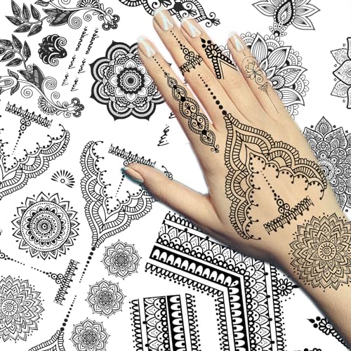 Vintage India Sexy Hands Temporary Tattoos For Women Finger Girls Adults, 4 Sheets Bohemia Lace Black Lotus Mandala Flower Fake Jewels Tattoo Sticker Kits Stencils, Party Favor Supplies Decoration