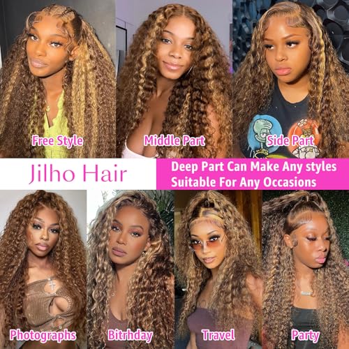 30 Inch Water Wave 13x6 HD Lace Front Wigs Human Hair Ombre Honey Blonde Wig P4/27 Highlight Wet and Wavy Curly Human Hair Frontal Wigs Pre Plucked 200 Density Glueless Frontal Wigs for Women