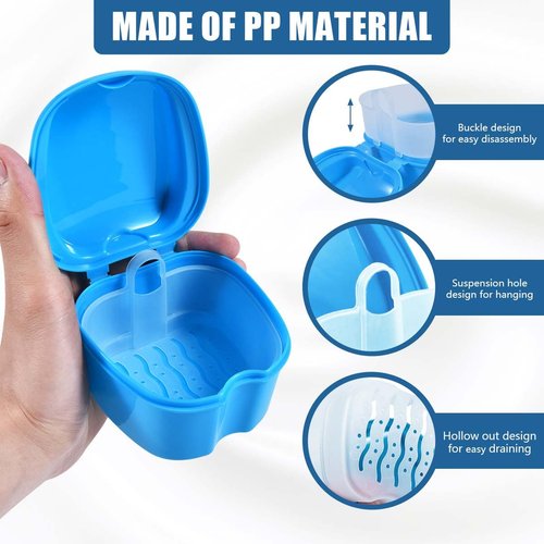 KISEER 2 Pack Colors Denture Bath Case Cup Box Holder Storage Soak Container with Strainer Basket for Travel Cleaning (Light Blue and Pink)