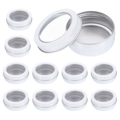 uxcell 2 Oz Tin Cans, 24 Pcs Aluminum Round Tins, Travel Sized Small Metal Tins Cosmetic Sample Containers with Clear Lid for Lotion Bars Beard Balms Candles, White