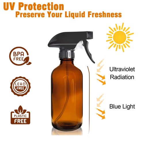 8oz Amber Glass Spray Bottles - 2 Pack Empty Refillable Bottles for Cleaning, Hair Care, Essential Oils, Plants - Includes Durable Nozzle, Labels, Funnel & Dropper, Handheld Size