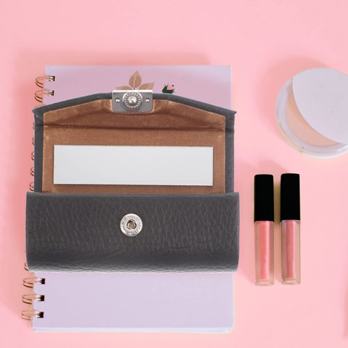 Beavorty Purse Holder PU Leather Lipstick Case with Mirror Lipstick Holder Portable Lip-Balm Organizer Travel Cosmetic Containers for Lip-Balm Gloss Black Small Stand