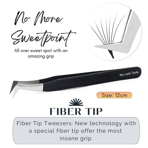 My Lash Tools Fiber Tip Lash Tweezers for Eyelash Extensions Pro Tweezer for Volume Lashes Japanese Stainless Steel Mink Lashes Fan Making Mega Volume Boot Angled Lashing Tweezers (Black)