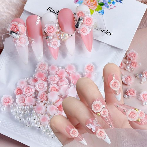 3D Pink Rose Flower Nail Charms Flower Nail Art Charms Nail Pearls Flower Charms for Nails Design Nail Flowers Rose Nail Charm Floral Nail Jewels for Nail Art Rhinestones for Nails Charms Nail Decor