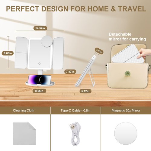 Mocado Makeup Mirror with Lights, 20X/7X/3X Magnifying Mirror with Light,Rechargeable & Height Adjustable Lighted Makeup Mirror,Vanity Mirror with 3 Colors Lights,Detachable Design for Travel(White)