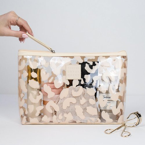 Tender Love + Carry Beige and Transparent Leopard Print Holdall - Water-Resistant Travel Bag for Toiletries & Cosmetic Essentials