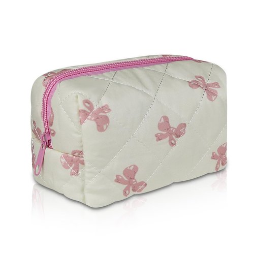 Small Makeup Bag Travel Cosmetic Bag for Women Girls, Zipper Floral Make Up Pouch, Aesthetic Organizer Bag, Quilted Cotton Makeup Bags, Portable Storage Toiletry Cloth Bag(White Pink Butterfly Flower)