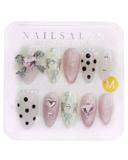 CAMILCY Press on Nails Handmade Nails Luxury Reusable Fake Nails For Girls Short Almond Armor White pink Diamonds HandPainted Salon Loveful Design Acrylic Gel UV Finished For Women 3D Nails 10PCS L