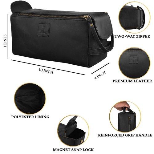 Genuine Leather Travel Toiletry Bag for Men & Women – Unisex Water-Resistant Travel Dopp Kit, Shaving Organizer & Compact Bathroom Essentials - Midnight Black