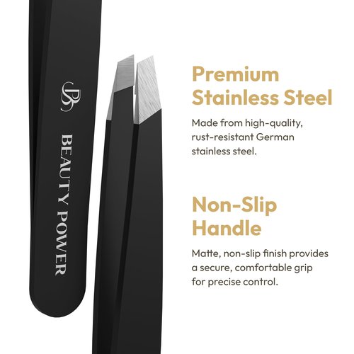 Beauty Power Professional Ultra-Precision Slant Tweezers for Women Facial Hair - German Stainless Steel, Tweezers for Men & Women, Black Eyebrow Tweezer for Ingrown Hair - Black