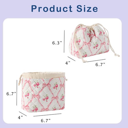 RSRSLEII Small Cotton Quilted Drawstring Makeup Bag, Cute Coquette Drawstring Cosmetic Bag with Canvas Lining, Aesthetic Travel Organized Toiletry Bags for Purse (Drawstring Pinkbows)