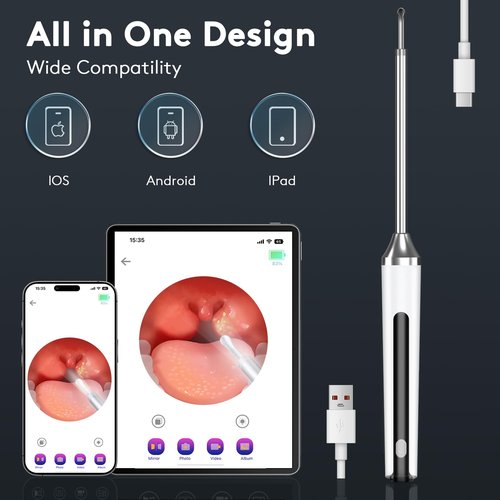 Tonsil Stone Remover with Camera - 1296P HD Larger View & Clearer Images Tonsil Stone Remover Kit with LED Light Tonsillolith Removal Tool Tonsil Cleaner with 3 Heads, Tonsil Stone Syringe (White)