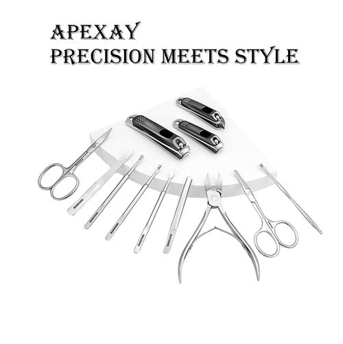 Apexay 12-Piece Manicure & Grooming Kit – Stainless Steel Nail Clippers, Cuticle Tools, Nose & Ear Scissors in Travel-PU Leather Case
