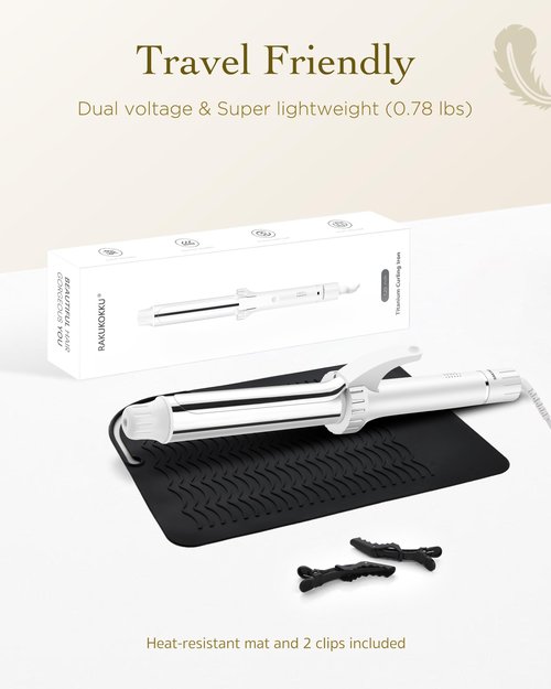 Titanium Curling Iron 1 1/4 Inch, Curling Wand with Clamp for Long Hair, Extra Long Barrel, Dual Voltage, 30s Fast Heating, 5 Temperatures, Auto Shut-Off, Silver+White