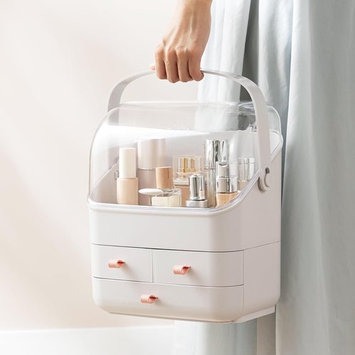 HBlife Makeup Organizer, Waterproof & Dustproof Cosmetic Storage, Fully Open Lid Makeup Display Box, Skincare Organizer for Bathroom Countertop Vanity, White