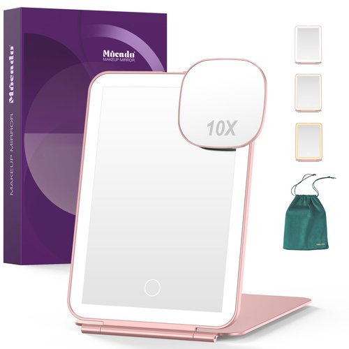LED Foldable Travel Makeup Mirror - 5x7 inches 3 Colors Light Modes USB Rechargeable Touch Screen, Portable Tabletop Cosmetic for Travel, Cosmetic, Office (Rose Gold)
