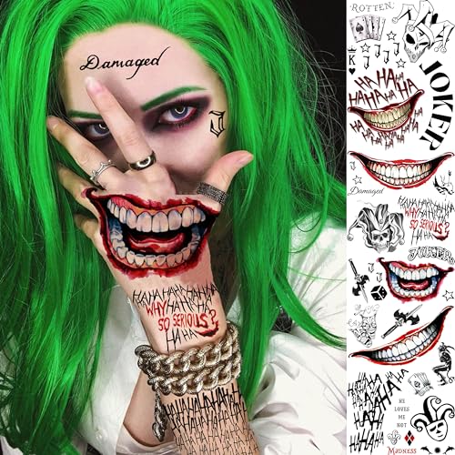 5 Sheets 3D Joker Temporary Tattoos For Men Women Adults Halloween Makeup Kit, Ghost Clown Scary Smile Face Damaged Joker Tattoos, Prisoner Halloween Cosplay Prank Costume Rave Accessories