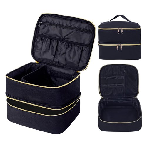 TANPADUAJI Double Layer Makeup Bag Portable Large Cosmetic Case Organizer with Adjustable Dividers Storage Travel Bag for Accessories Brushes Conditioner and Skin Care Products (Black)