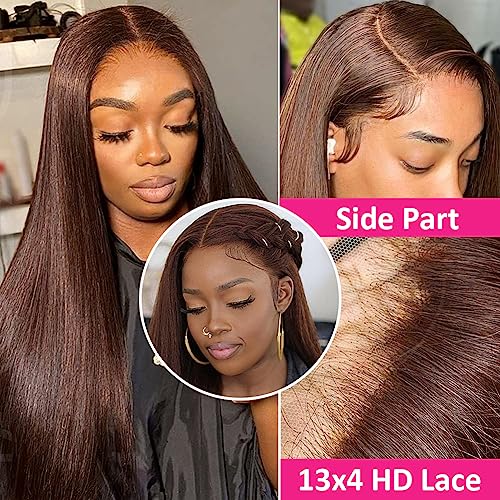 Hermosa 13x4 Brown Lace Front Wigs Human Hair Pre Plucked Hairline 180 Density Straight Lace Frontal Human Hair Wigs for Women 4# Brown Color 18 Inch
