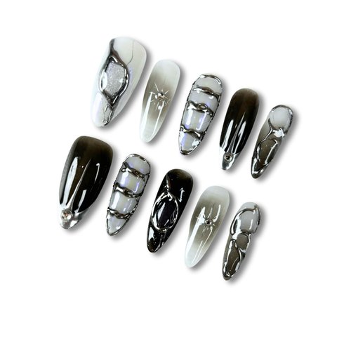 Yabonica Handmade French Tip Press On Nails Long Stiletto,10 Pcs Pre Designed False Nails with 3D Charms, Reusable Salon Design Woman Nails for Wedding,Bridal, Party (040S)