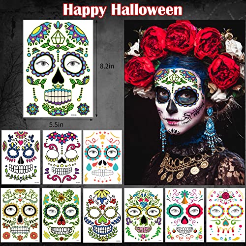 Day of the Dead Face Tattoos Makeup Kit, 10 Pack Halloween Sugar Skull Red Roses Temporary Tattoos for Adults Women Men Kids, DIY Skull Full Face Mask Stickers for Halloween Party Cosplay Supplies
